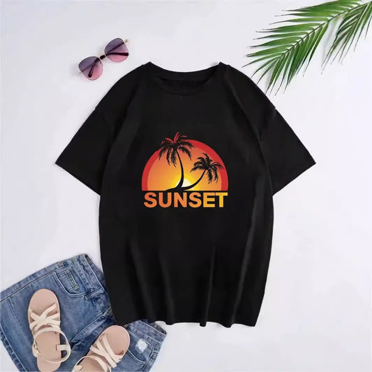 Hong Kong Style Sunset Pattern Printed Short-sleeved T-shirt