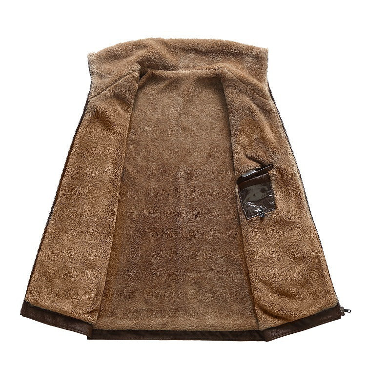 Mens Leather Lapel Fleece Padded Coat Luxe Winter Insulation