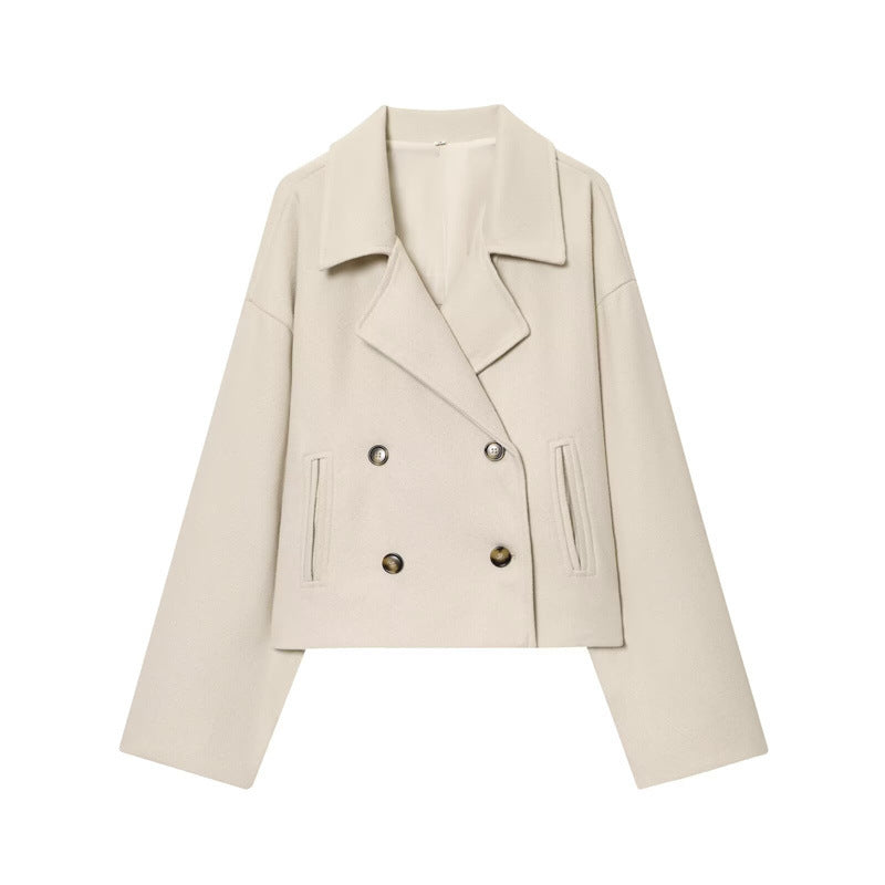 Simple Double Breasted Short Woolen Coat Women's Top