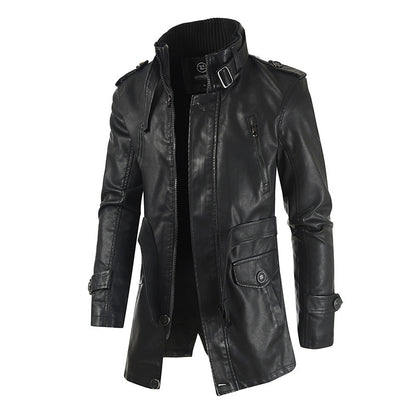 Mens Mid-Length Leather Coat Stand Collar Fleece-Lined Thickened Extended Warmth