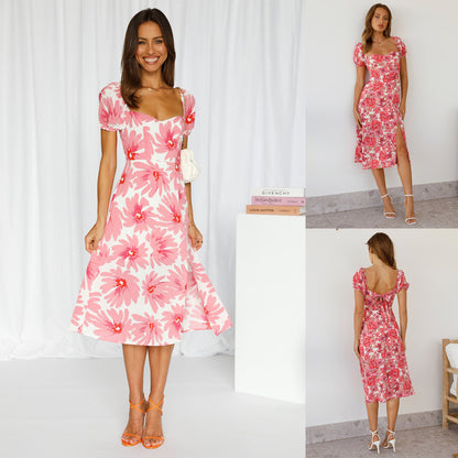 Short Sleeve Casual Ladies Square Neck High Waist Midi Dress