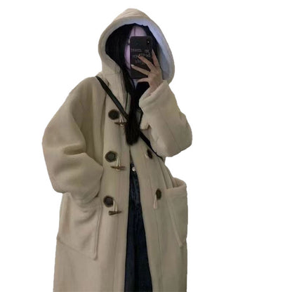 Mid-length Horn Button Lamb Wool Coat For Women