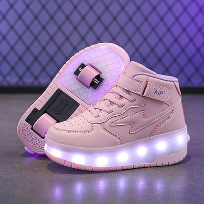 Youth Leather Ice Skates Double Wheeled Walking Shoes