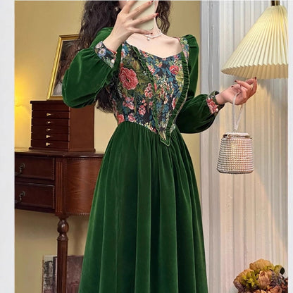 Green Rich Jacquard Dress Long Sleeve