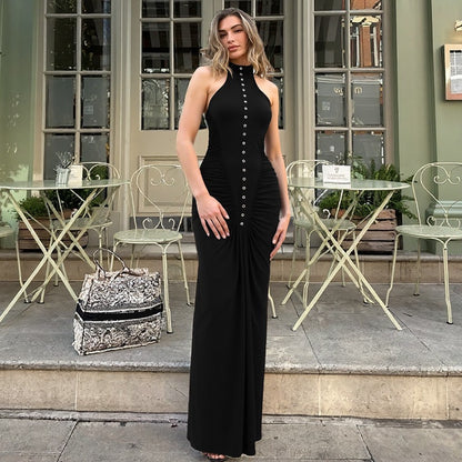 Fashionable Slim-fit Creased Button Round Neck Sleeveless Dress