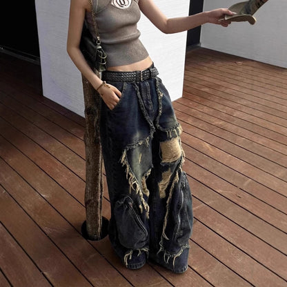 American High Street Design Ripped Jeans Spring And Autumn Retro Distressed Big Pocket