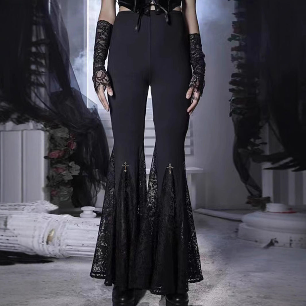 Sexy Lace Stitching Dark Style Cross Bell-bottom Pants