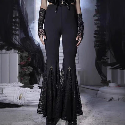 Sexy Lace Stitching Dark Style Cross Bell-bottom Pants
