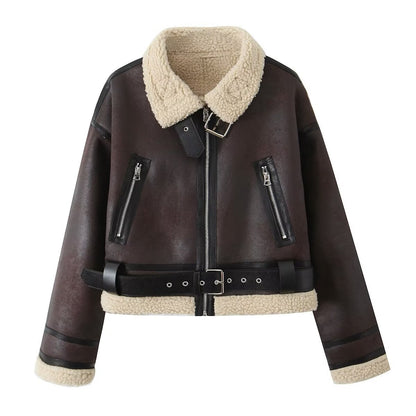 Wear Fur Integrated Lapel Thickening Warm Double-sided Casual Short Jacket Coat