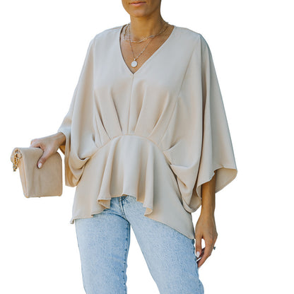 Bat Three-quarter Sleeve Waist Slimming Chiffon Shirt Women's New Solid Color Casual Top