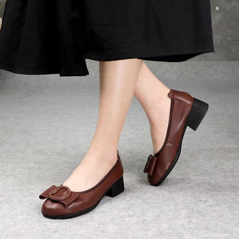 Low-cut Authentic Leather Women's Mid Heel Slip-on Round Head Pumps