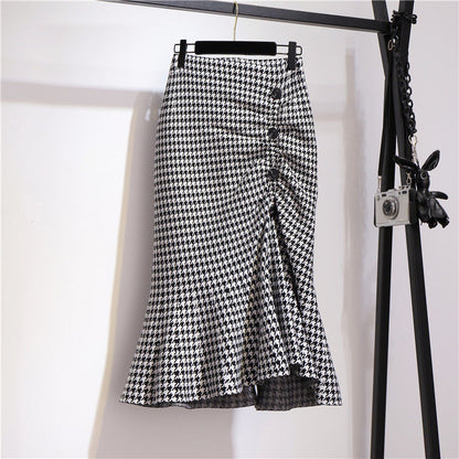 Women's Mid-length Tartan Skirt Western Style Slimming Split Fishtail