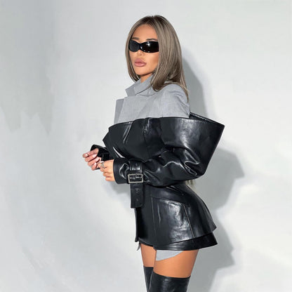 Leather Stitching Suit Jacket For Women Autumn And Winter New Advanced