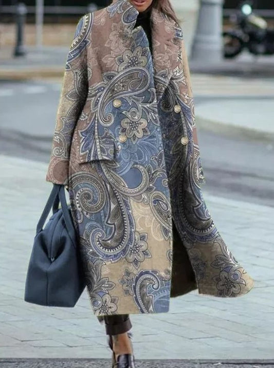 Long Wool Coat With Printed Patterns, Figure-hugging, Professional, With Pockets, Notched Collar, Loose Fit