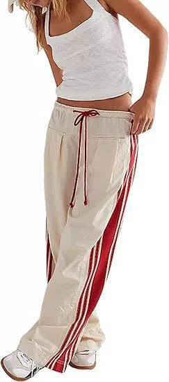 Pants With Extended Length, Contrasting Drawstring, Harem Street Style, Loose Casual Fit, With Thin Side Stripes