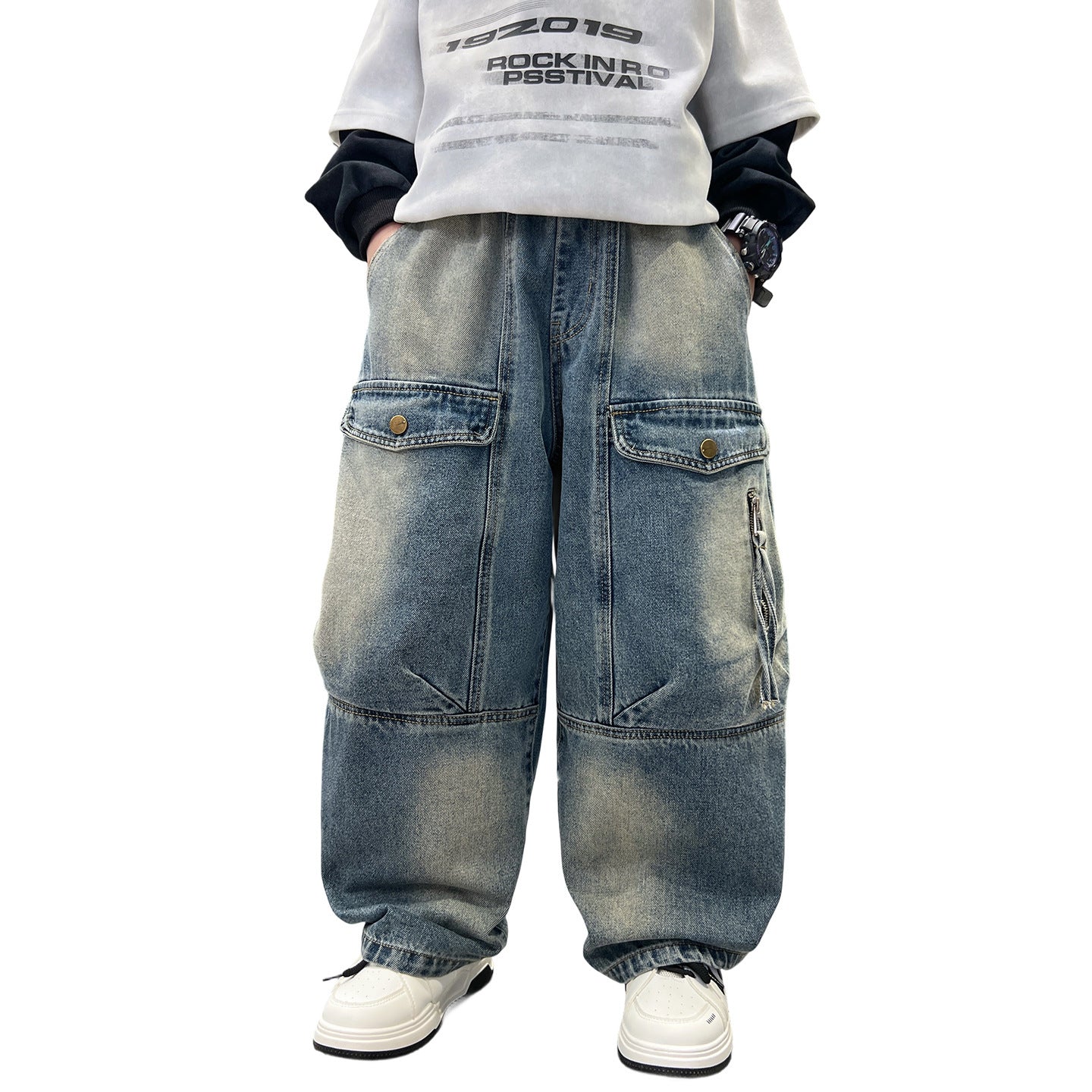 Simple Versatile Boys Pants Loose Cargo Jeans Utility Freedom
