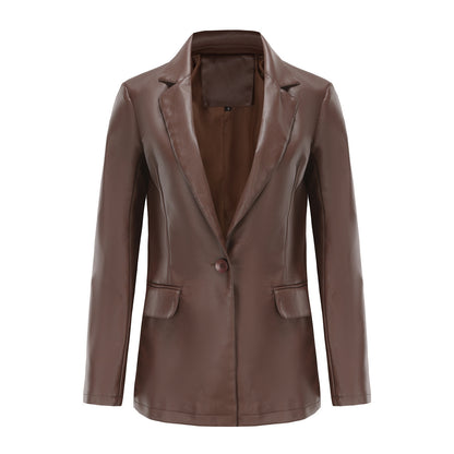 Single Button Commute Leisure Solid Color Leather Coat