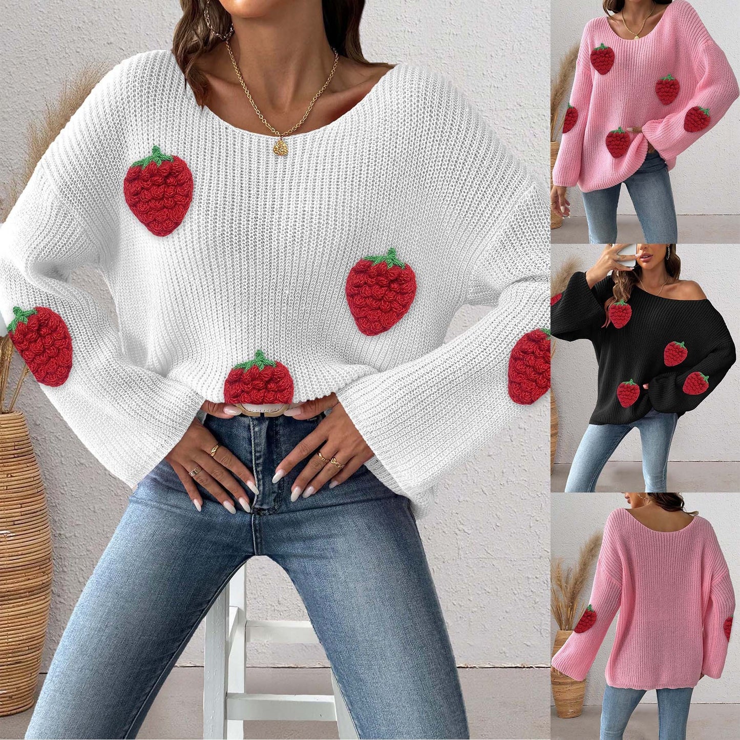 Women's Simple Loose Off Shoulder Off-the-shoulder Flared Sleeves Sweater