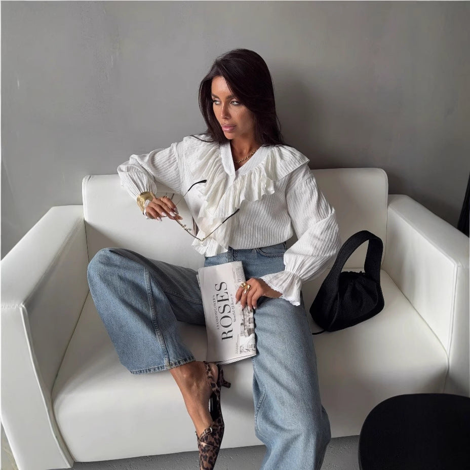 Polyester Women's V-neck Flounce Long Sleeve Shirt