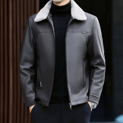 Leather Down Jacket Mens Autumn Winter Thickened Middle-Age Elegance
