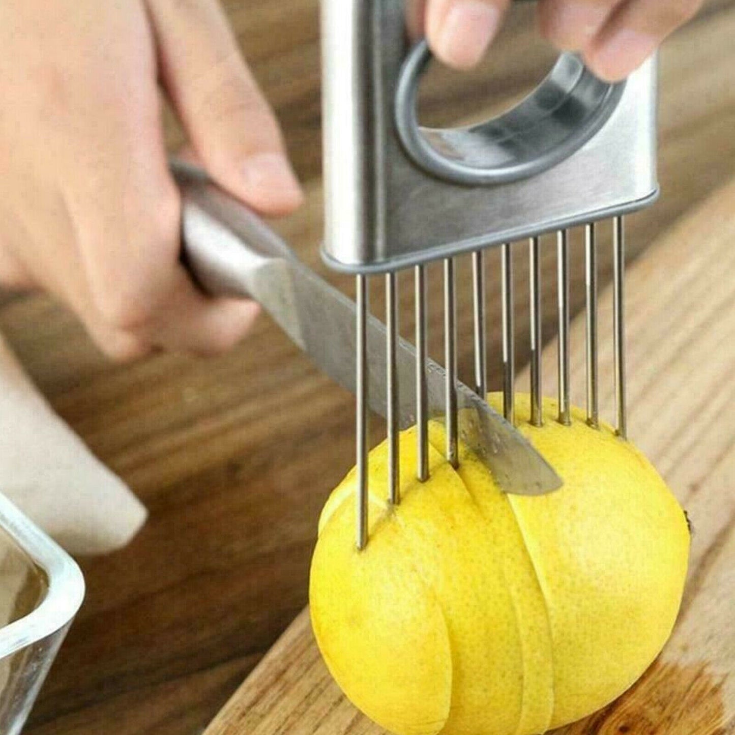 Stainless Steel Onion Holder & Slicer | Safe Tomato & Vegetable Cutting Guide
