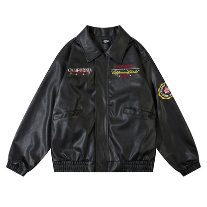 Mens American Embroidery Letters Motorcycle PU Leather Jacket Iconic Americana