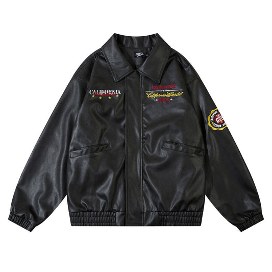 Mens American Embroidery Letters Motorcycle PU Leather Jacket Iconic Americana