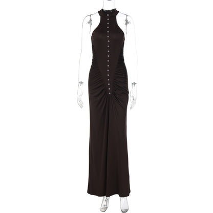 Fashionable Slim-fit Creased Button Round Neck Sleeveless Dress