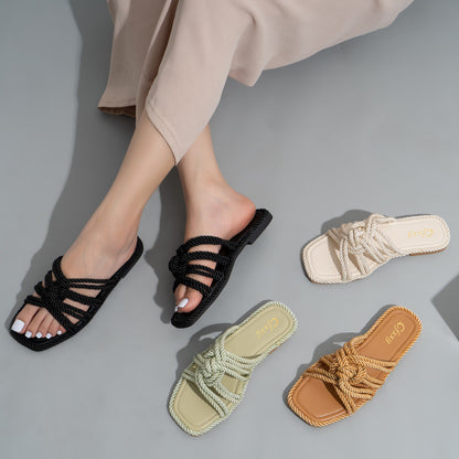 Hemp Rope Flat Sandals Women Casual Solid Color Square Toe Hollow Flat Heel Women Slippers