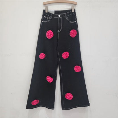European And American Niche Three-dimensional Feather Rose Flower Jeans