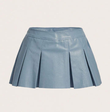 New Bottoms Solid Color PU Leather Pleated Skirt