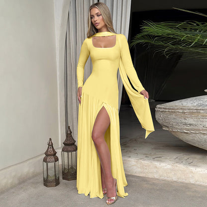 Women's Fashion Sexy Pure Color Split Long Sleeve Dress