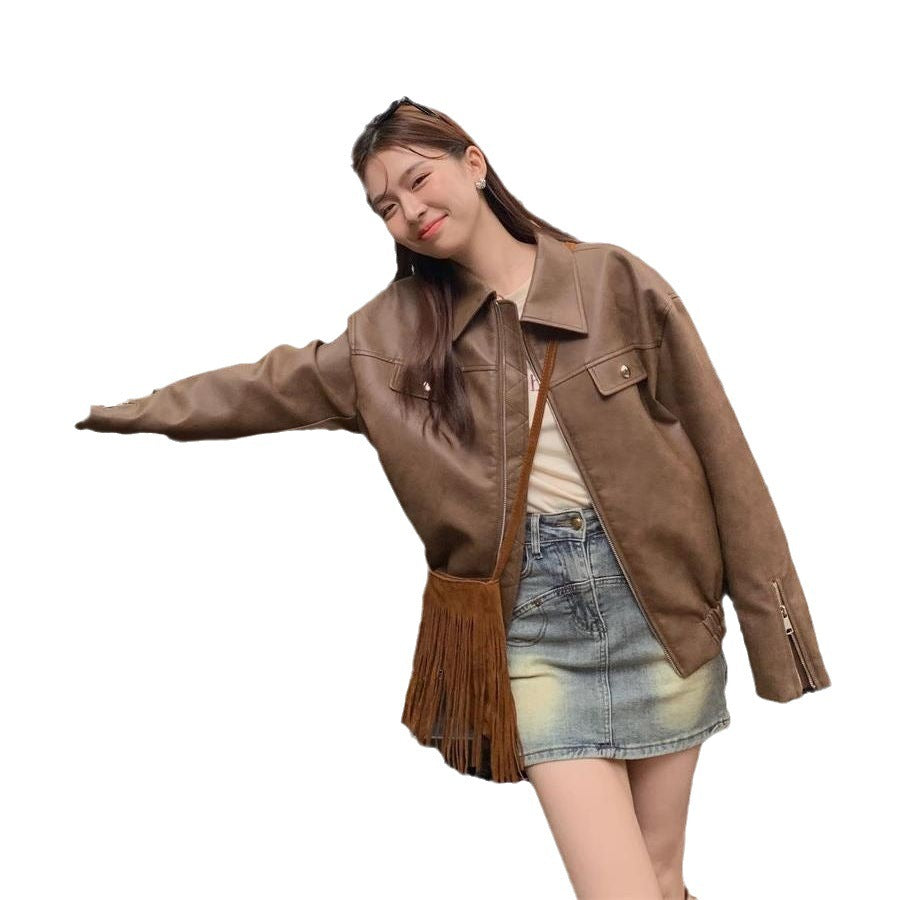 Women's Casual American Retro Solid Color Loose Leather Coat