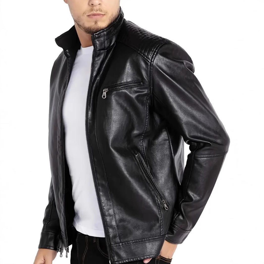 Mens Polyester Stand Collar Punk Motorcycle Leather Jacket Industrial Rebellion