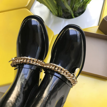 Round toe personality metal chain flat mid-heel women's boots