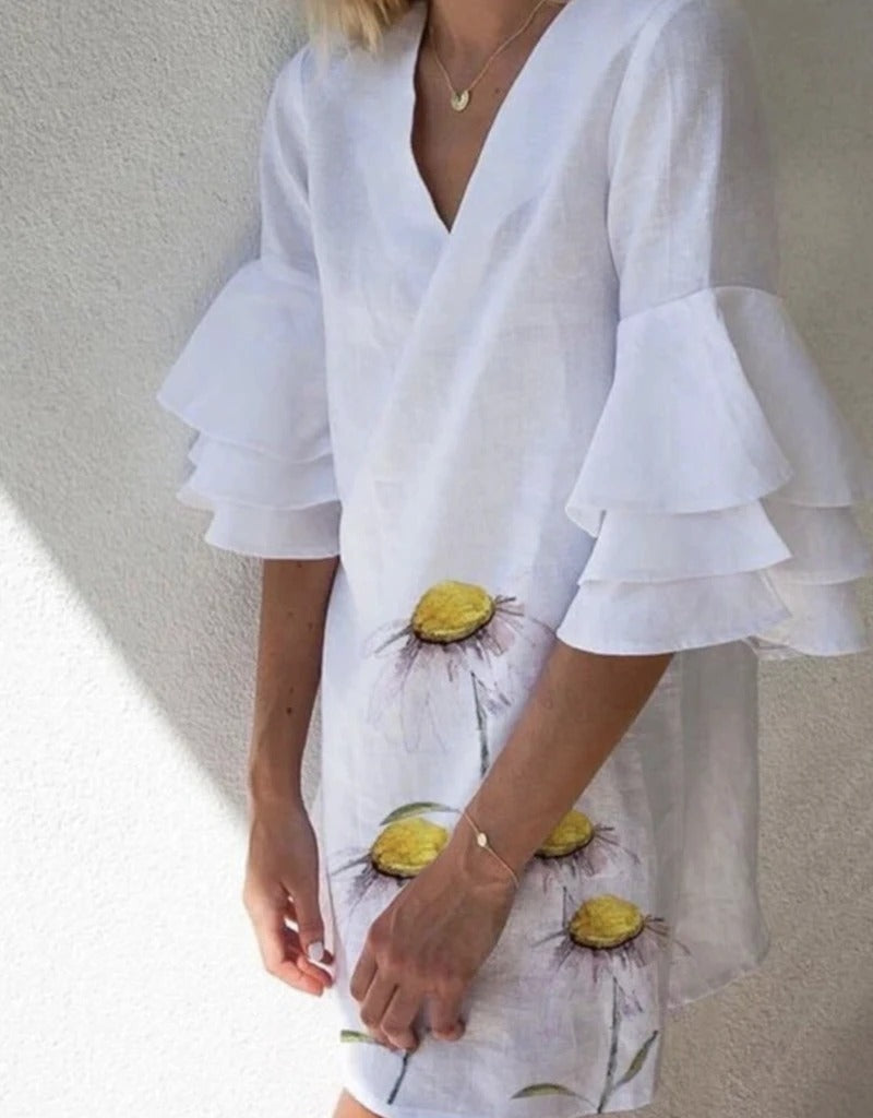 White Lotus Leaf Sleeve Printed Casual Dress