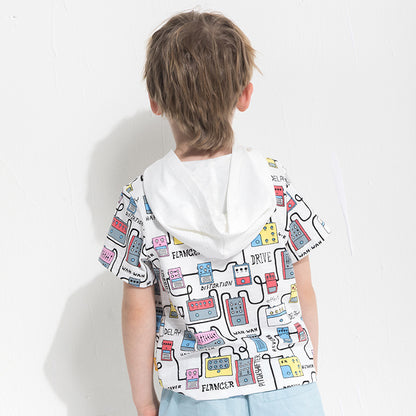 The Hooded Graphic: Cartoon Print Hooded Short-Sleeve T-Shirt
