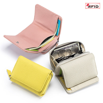 Women's Leather Tri-fold Mini RFID Wallet Large Capacity Storage Bag