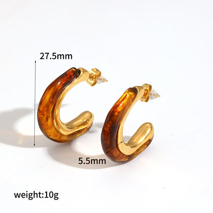 Mild Luxury Retro Resin Stainless Steel Earrings Women's High-grade Amber 18K Gold Plated Ear Clip