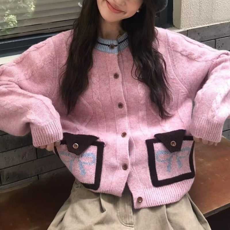 Contrast Color And Versatile Bow Pocket Sweater