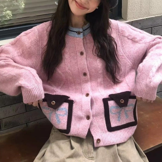 Contrast Color And Versatile Bow Pocket Sweater