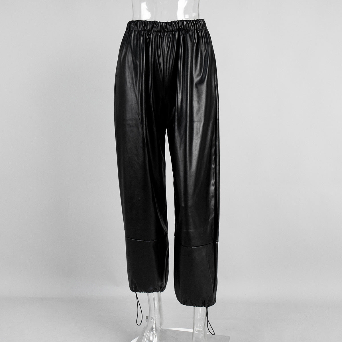 Drawstring Ankle-tied Bloomers Loose Leather Pants PU Leather Trousers