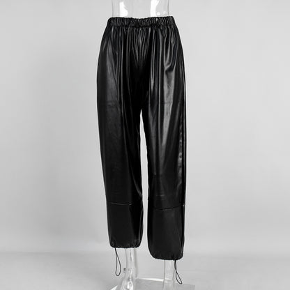 Drawstring Ankle-tied Bloomers Loose Leather Pants PU Leather Trousers