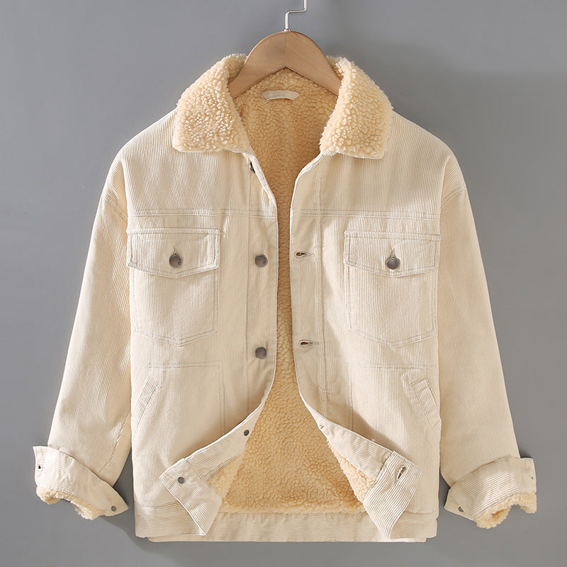 Mens Corduroy Workwear American Retro Lapels Jacket Heavy Imitation Lamb Wool Thickened Cotton-Padded Heritage Labor
