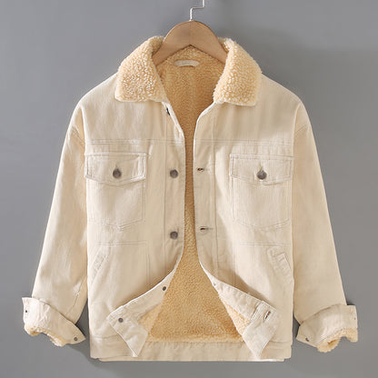 Mens Corduroy Workwear American Retro Lapels Jacket Heavy Imitation Lamb Wool Thickened Cotton-Padded Heritage Labor