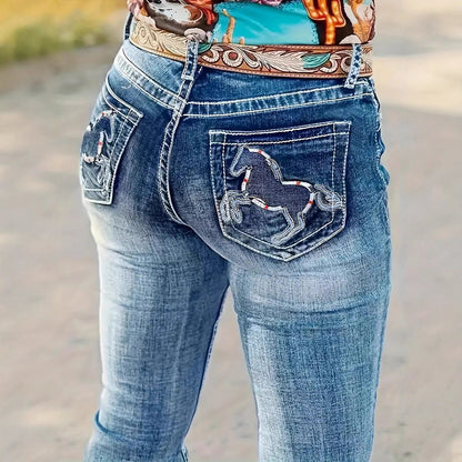 Hatchet Man Embroidery Women's High Waist Stretch Heavy Industry Washed Denim Straight-leg Trousers