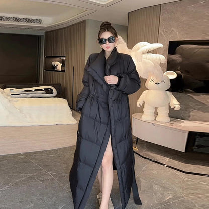 Retro Elegant Lapel Long Lace Up Down Cotton-padded Jacket