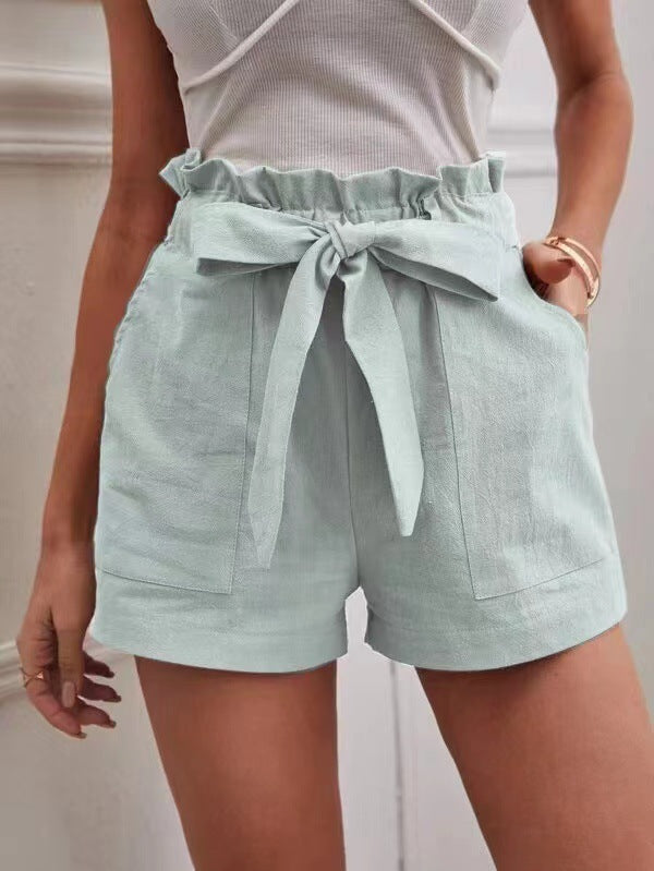 Loose Cotton And Linen Casual Pocket High Waist Wide Leg Shorts