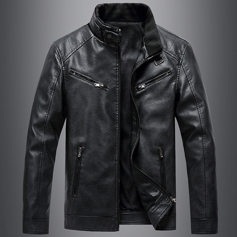 Mens Fleece Padded Coat Casual Korean-Style Stand Collar PU Leather Trendy Youth