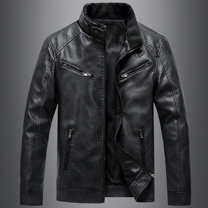 Mens Fleece Padded Coat Casual Korean-Style Stand Collar PU Leather Trendy Youth